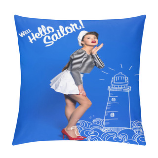 Personality  Beautiful Young Woman In Sailor Shirt With Lighthouse Drawing And Well Hello Sailor Inscription Isolated On Blue Pillow Covers