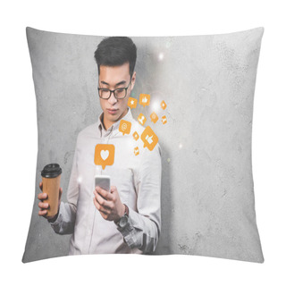 Personality  Asian Seo Manager Holding Paper Cup, Using Smartphone With Likes Illustration   Pillow Covers