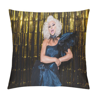 Personality  Eccentric Transgender Person In Wig And Dress Posing On Shiny Background Pillow Covers