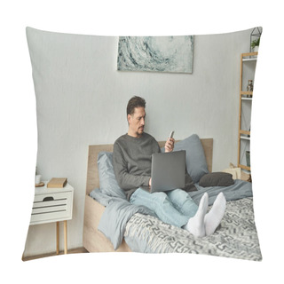 Personality  Bearded Man Using Laptop And Holding Mobile Phone While Working Remotely From Home, Freelance Pillow Covers