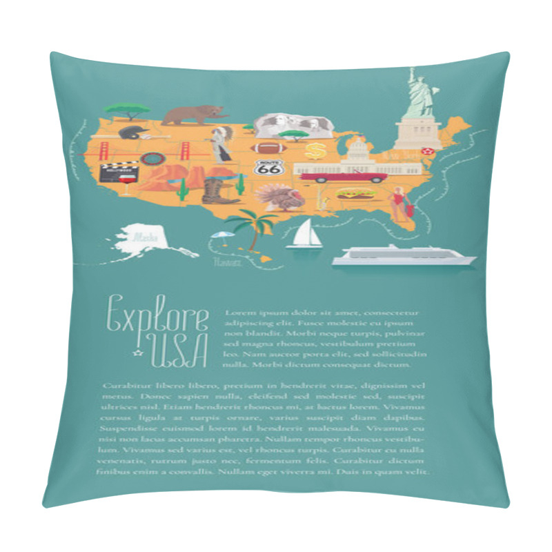 Personality  Map of USA vector illustration, design. Icons with American landmarks, New York, Las Vegas, San Francisco. Explore United States of America template article pillow covers