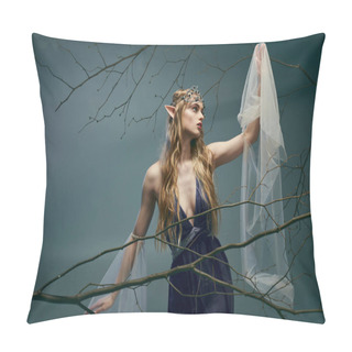 Personality  A Young Woman With A Veil On Her Head Stands Gracefully In Front Of A Lush Tree, Embodying The Essence Of A Fairy Princess. Pillow Covers