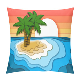 Personality  Summer Vacation Concept With Bright Tropical Island, Sand Beach, Sea Or Ocean Waves And Sunset Sky. Paper Cut Out Style Vector Illustration. Pillow Covers