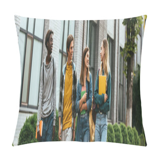 Personality  Panoramic Shot Of Smiling Multicultural Teenage Friends With Notebooks Walking On Urban Street  Pillow Covers