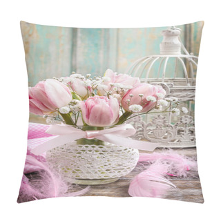 Personality  Romantic Bouquet Of Pink Tulips And Gypsophilia Paniculata  Pillow Covers