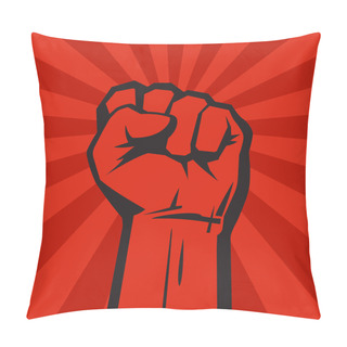 Personality  Raised Hand With Clenched Fist On Grunge Background With Sun Rays. Vector. Pillow Covers