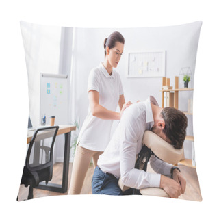 Personality  Masseuse Doing Seated Massage Of Businessman Back In Office Pillow Covers