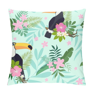 Personality  Vector Seamless Pattern With Toucan Birds On Tropical Branches With Leaves And Flowers Pillow Covers