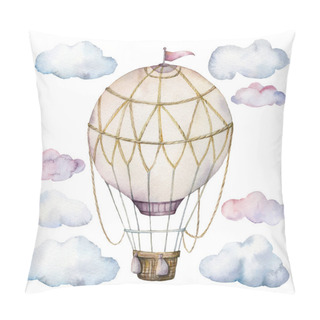 Personality  Watercolor Set With Clouds And Hot Air Balloon. Hand Painted Sky Illustration With Aerostate Isolated On White Background. For Design, Prints, Fabric Or Background. Pillow Covers