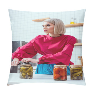 Personality  Selective Focus Of Beautiful Stylish Housewife Sealing Jar Of Pickled Cucumbers In Kitchen  Pillow Covers