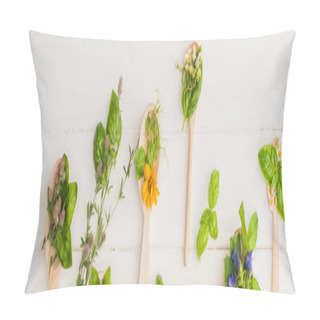 Personality  Panoramic Shot Of Herbs And Green Leaves In Spoons Near Flowers On White Wooden Background, Naturopathy Concept Pillow Covers