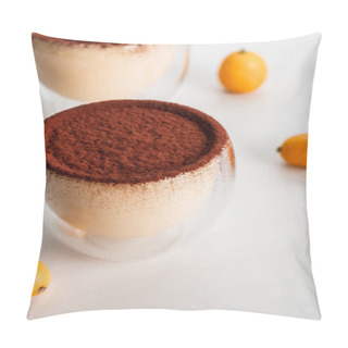 Personality  Tiramisu Desserts With Cocoa Powder And Kumquats In Two Glasses Pillow Covers