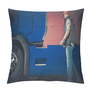 Personality  Semi Truck Stop Checkup By Caucasian Trucker. Heavy Transportation Industry. Pillow Covers