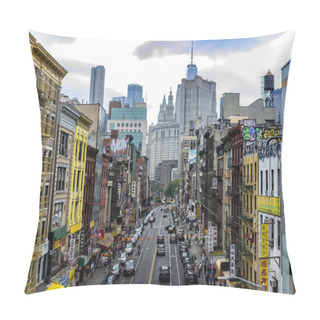 Personality  New York, USA; June 3, 2023: View Of The Manhattan Skyline Observed From The Big Apple's Chinatown, A Place Full Of Restaurants, Stores Of Asian Culture. Pillow Covers