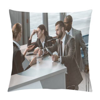 Personality  Group Of Angry Businesspeople Having Argument With Airport Receptionist Pillow Covers
