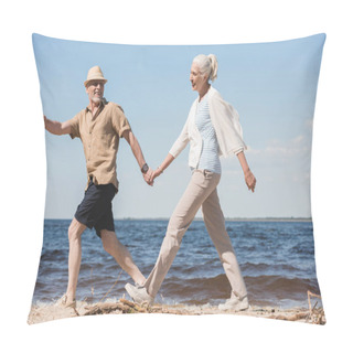 Personality  Senior Couple Walking On Beach  Pillow Covers