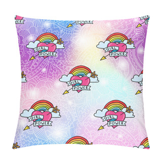 Personality  Colorful Vector Illustration Of Girl Power Hearts Stickers Pattern Over Gradient Background Pillow Covers