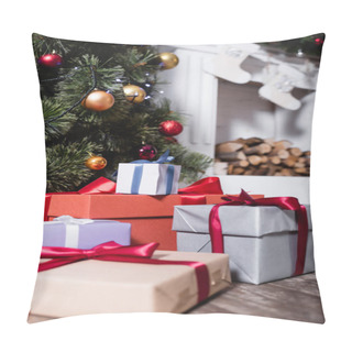 Personality  Selective Focus Of Gift Boxes Near Pine And Fireplace With Christmas Stockings Pillow Covers