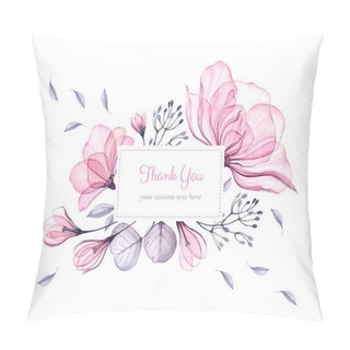Personality  Watercolor Floral Thank You Card Template. Bouquet With Big Pink Roses And Custom Text. Isolated Hand Drawn Illustration With Abstract Background For Logo, Wedding Stationery Pillow Covers