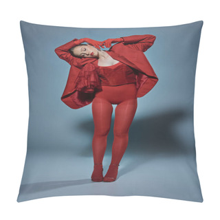 Personality  Fashionable Model With Closed Eyes In Red Outfit Standing In Unusual Pose On Grey Background Pillow Covers