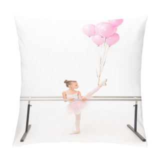 Personality  Side View Of Little Ballerina In Tutu Practicing With Pink Balloons Wrapped Over Leg At Ballet Barre Stand Isolated On White Background  Pillow Covers