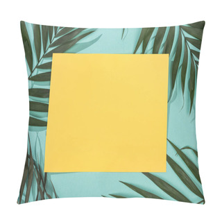 Personality  Top View Of Tropical Leaves And Empty Yellow Card On Turquoise Background Pillow Covers