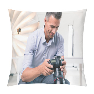 Personality  Happy Photographer Using Camera Pillow Covers