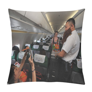 Personality  A Passenger Takes Photos Of Cabin Crew Members Of Spring Airlines Dressed In Catwoman And The Croods Costumes As They Serve Passengers During The Cosplay-themed Flight Between Shanghai And Osaka In Shanghai, China, 18 July 2014 Pillow Covers