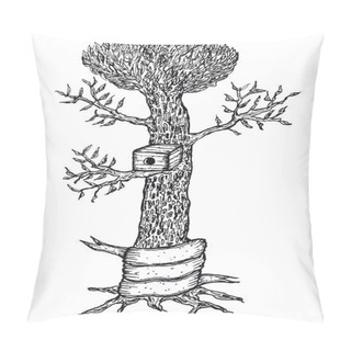 Personality  Hand Drawn Bird House In A Tree With Blank Banner Pillow Covers