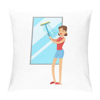 Personality  Woman Housewife Cleaning The Window With Squeegee, Classic Household Duty Of Staying-at-home Wife Illustration Pillow Covers