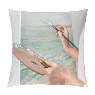 Personality  Cropped Shot Of Artist Holding Palette And Paintbrush While Painting At Easel In Art Studio  Pillow Covers