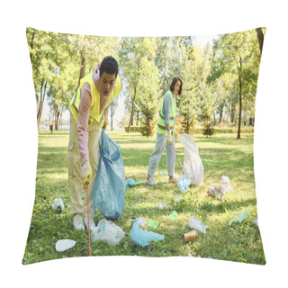 Personality  Diverse Couple Wearing Safety Vests And Gloves Cleaning Park, Standing In Lush Green Grass With Unity And Love. Pillow Covers