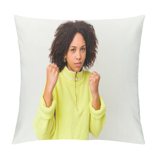 Personality  Young African American Mixed Race Woman Isolated Showing Fist To Camera, Aggressive Facial Expression. Pillow Covers