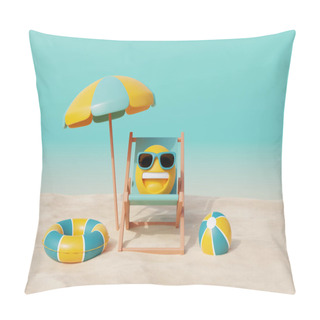 Personality  3d Summer Tropical Sand Beach On A Sunny Day With Beach Chair, Umbrella, Coconut Tree And Summer Elements. 3d Rendering Pillow Covers