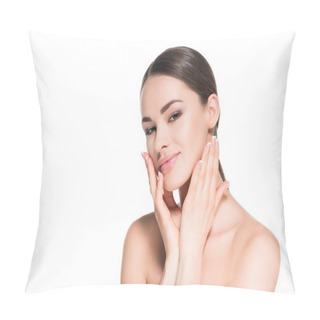Personality  Smiling Young Woman Touching Her Face And Looking At Camera Isolated On White Pillow Covers