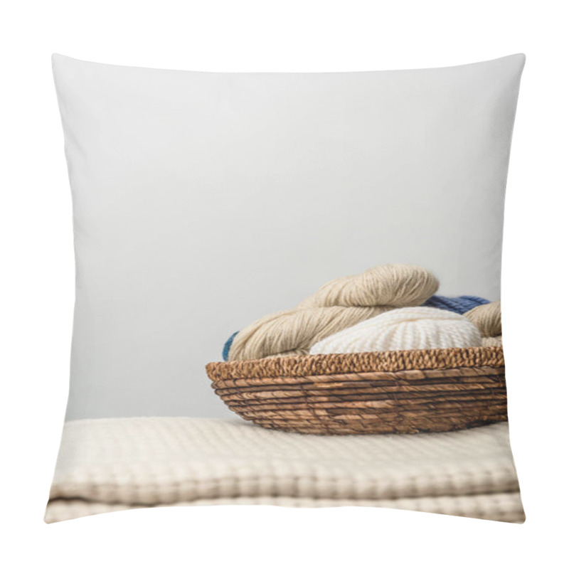 Personality  Close Up View Of Yarn Clews In Wicker Basket On Grey Backdrop Pillow Covers