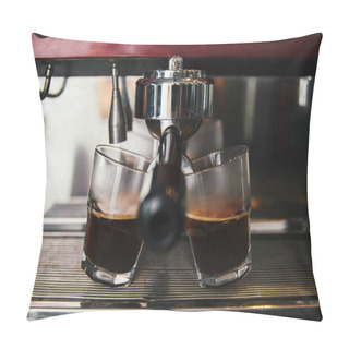 Personality  Close-up View Of Two Glasses And Coffee Machine Preparing Espresso Pillow Covers