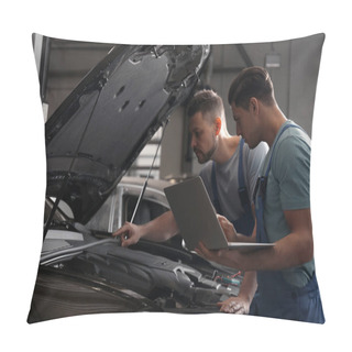 Personality  Mechanics With Laptop Doing Car Diagnostic At Automobile Repair Shop Pillow Covers