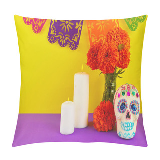 Personality  Day Of The Dead. Dia De Los Muertos Celebration Background. Sugar Skull, Marigolds Or Cempasuchil Flowers Pillow Covers