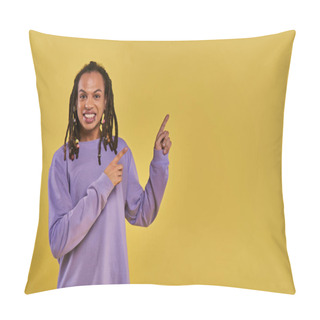 Personality  Cheerful African American Man With Dreadlocks Pierced Lip Pointing On Right Side On Yellow Backdrop Pillow Covers