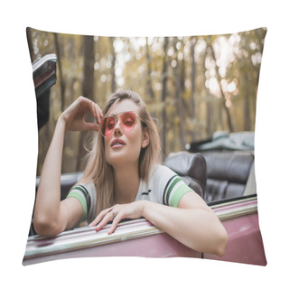 Personality  Stylish Woman Touching Sunglasses While Sitting In Cabriolet And Looking Away Pillow Covers