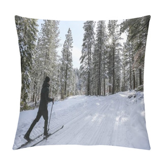 Personality  TRUCKEE, CALIFORNIA, UNITED STATES - Jan 04, 2019: A Solo Male Cross Country Skis In The Sierra Nevada Mountains Near Truckee And Lake Tahoe. Pillow Covers