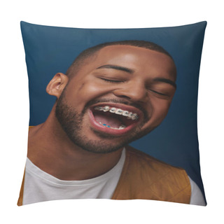 Personality  Cheerful Young Man With Beard And Braces Laughing With Closed Eyes At Camera, Fashion Concept Pillow Covers