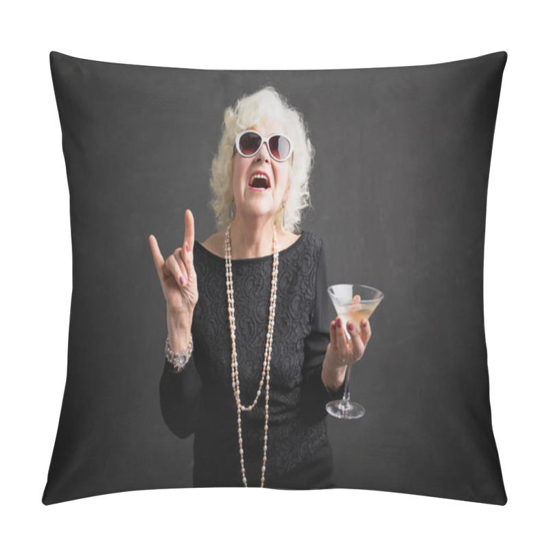 Personality  Cool grandmother with sunglasses and drink in hand pillow covers