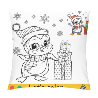 Personality  Coloring Cute Christmas Penguin Boy With Presents Vector Pillow Covers