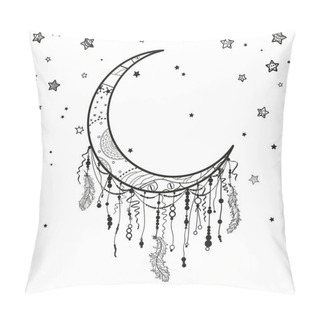 Personality  Dreamcatcher And Many Stars With Abstract Ornate Patterns On Isolation Background. Black And White Illustration Pillow Covers