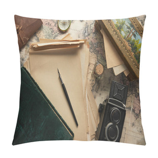 Personality  Top View Of Vintage Camera, Compass, Fountain Pen, Photo Album, Paper And Painting On Map Background Pillow Covers