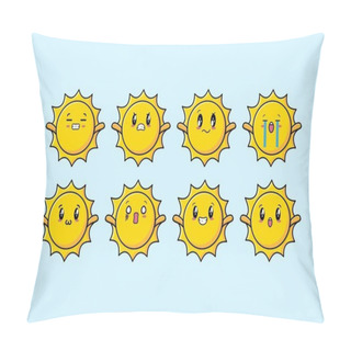 Personality  Set Kawaii Sun Cartoon Character With Different Expressions Of Cartoon Face Vector Illustrations Pillow Covers