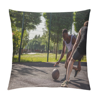 Personality  African American Sportsman Playing Streetball Near Friend On Playground  Pillow Covers