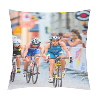 Personality  STOCKHOLM - AUG, 24: A Group With Alice Betto Cycling The Cobblestone Road With A Chain Of Woman Behind Her In The Womens ITU World Triathlon Series Event Aug 24, 2013 In Stockholm, Sweden Pillow Covers
